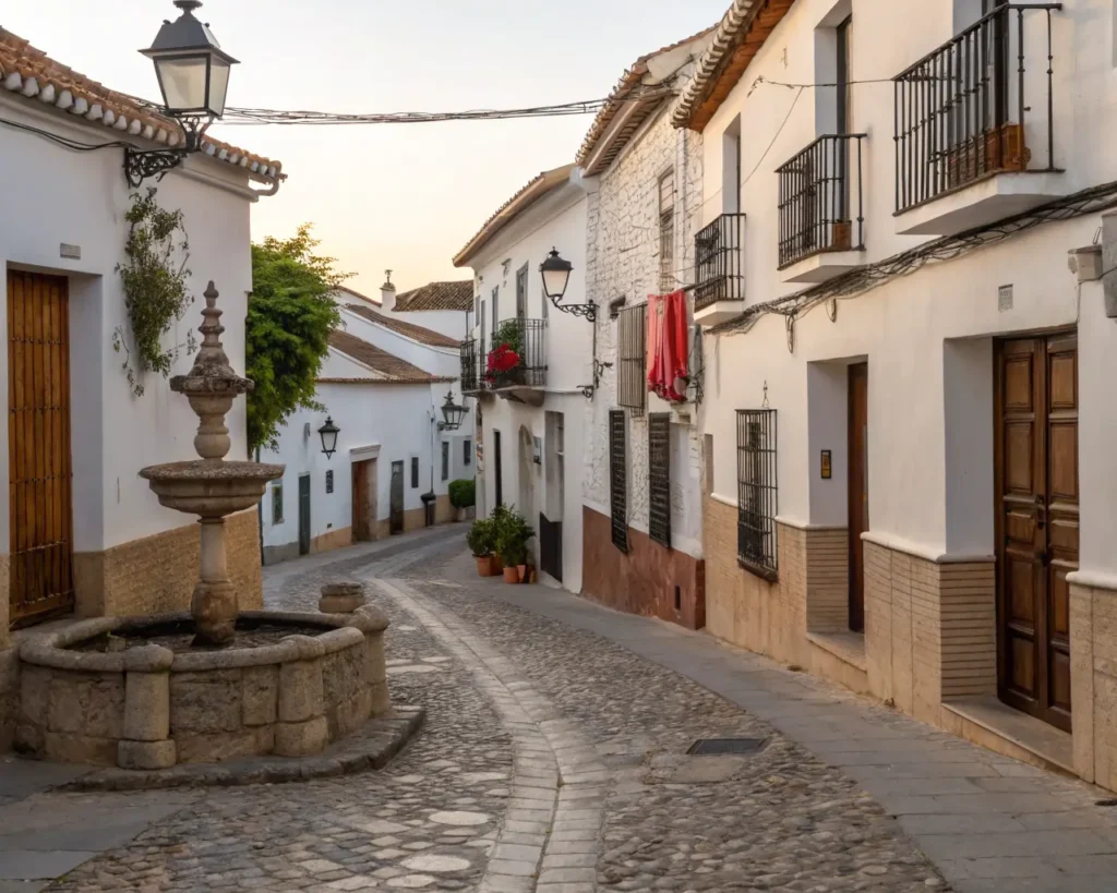 Los Pueblos Blancos Más Bonitos de Andalucía para una Escapada Romántica Quiet cobbled street in an Andalusian white village with whitewashed houses and warm light,pueblos blancos de andalucia