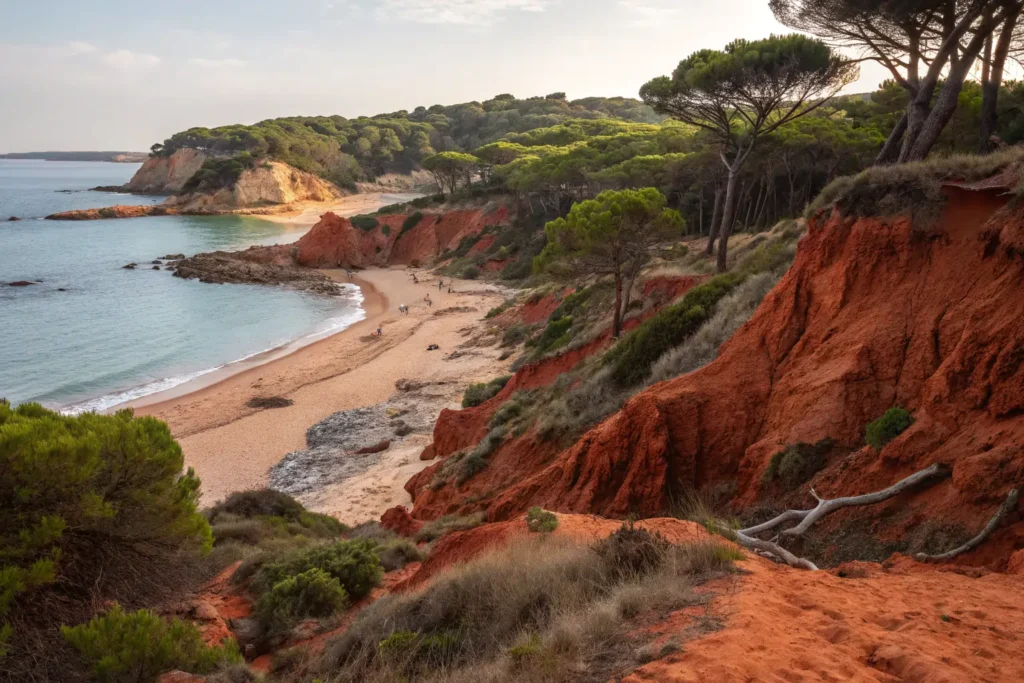 Las Playas Secretas de la Costa de la Luz Vista aérea de una cala escondida entre acantilados rojos y pinos en Roche