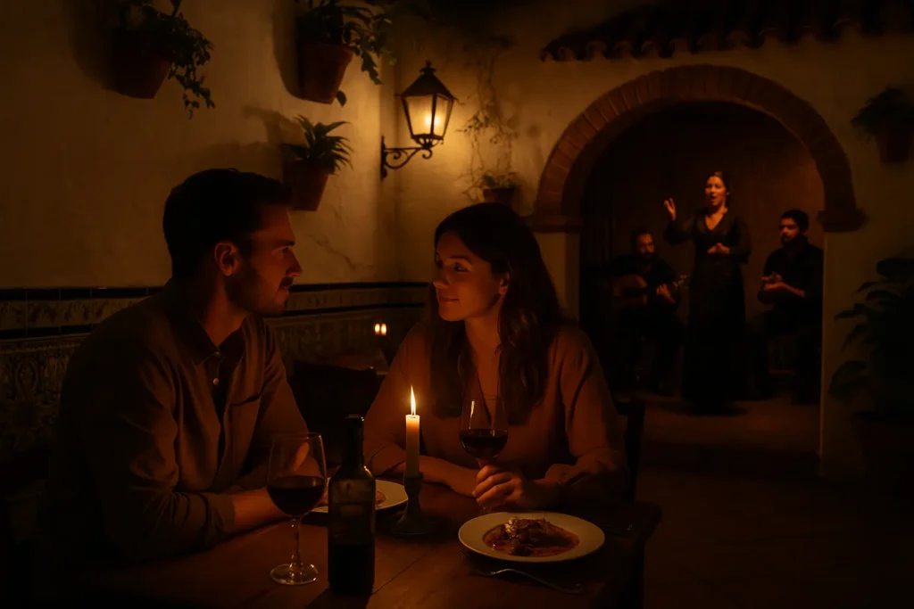 Sevilla Romántica: Itinerario de 48 Horas Pareja compartiendo una cena tranquila en un patio andaluz iluminado por velas, con espectáculo de flamenco al fondo.