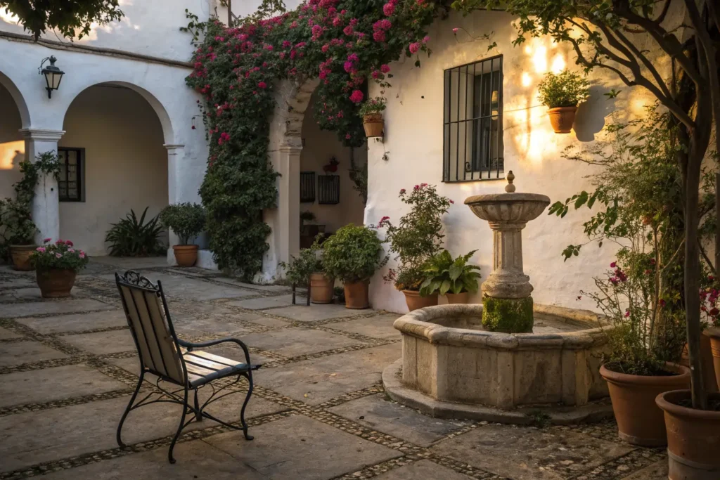 El origen histórico de los patios floridos en Córdoba Patio cordobés poético al atardecer con silla vacía