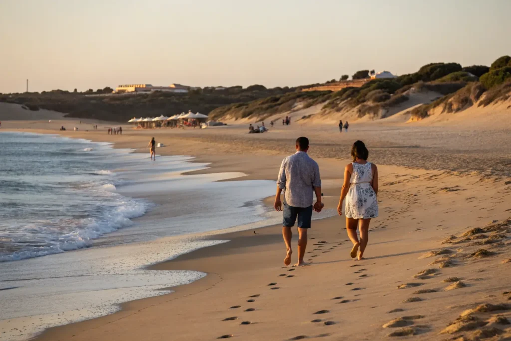 Las Playas Secretas de la Costa de la Luz Pareja caminando por una playa secreta al atardecer