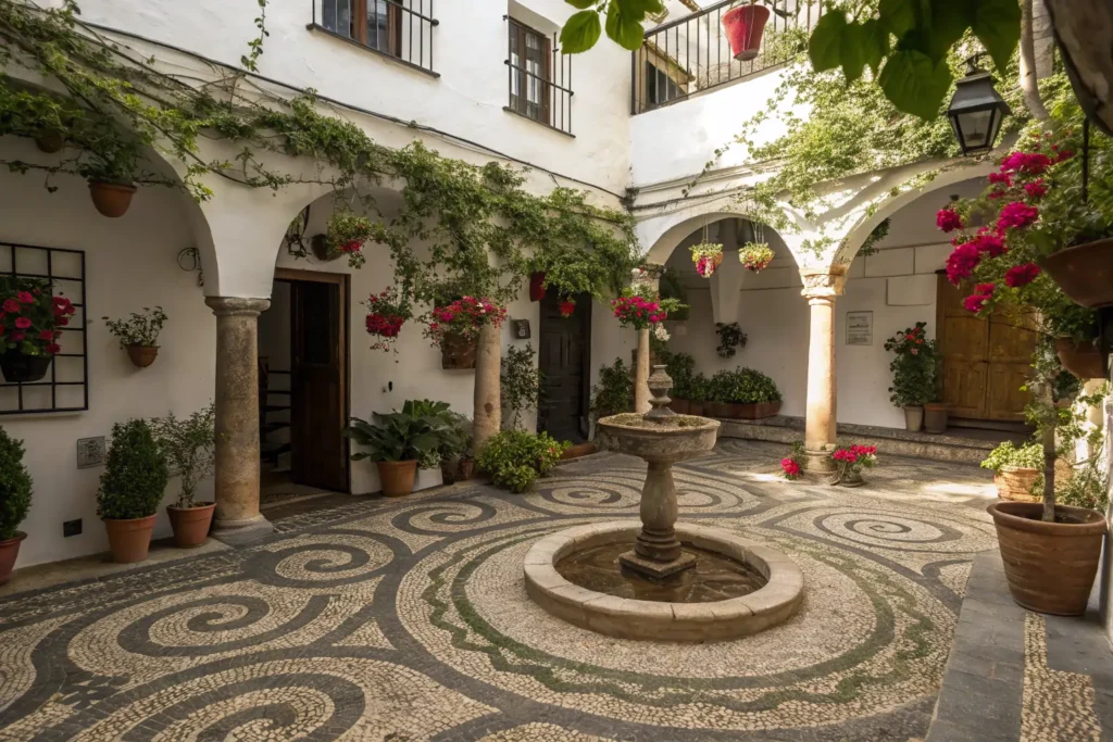 El origen histórico de los patios floridos en Córdoba Patio romántico cordobés con suelo artesanal y flores