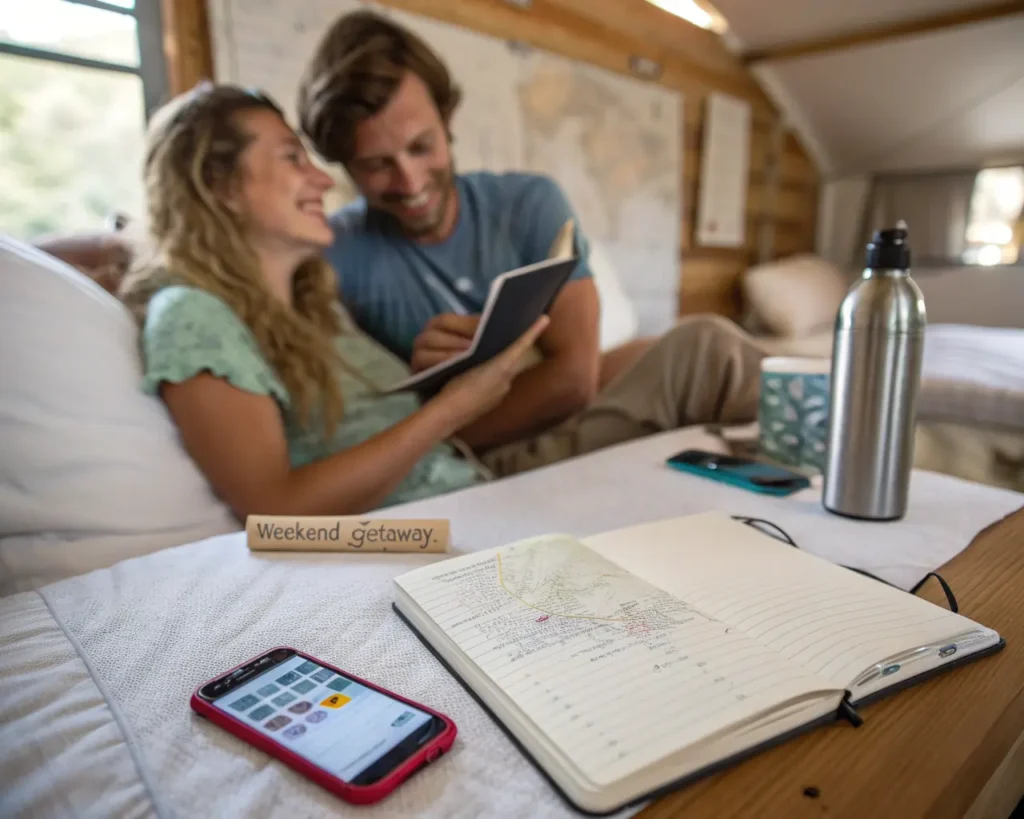 Fin de semana romántico en Andalucía: guía completa para parejas Couple reviewing travel budget and notes for a weekend trip in a cozy Andalusian room