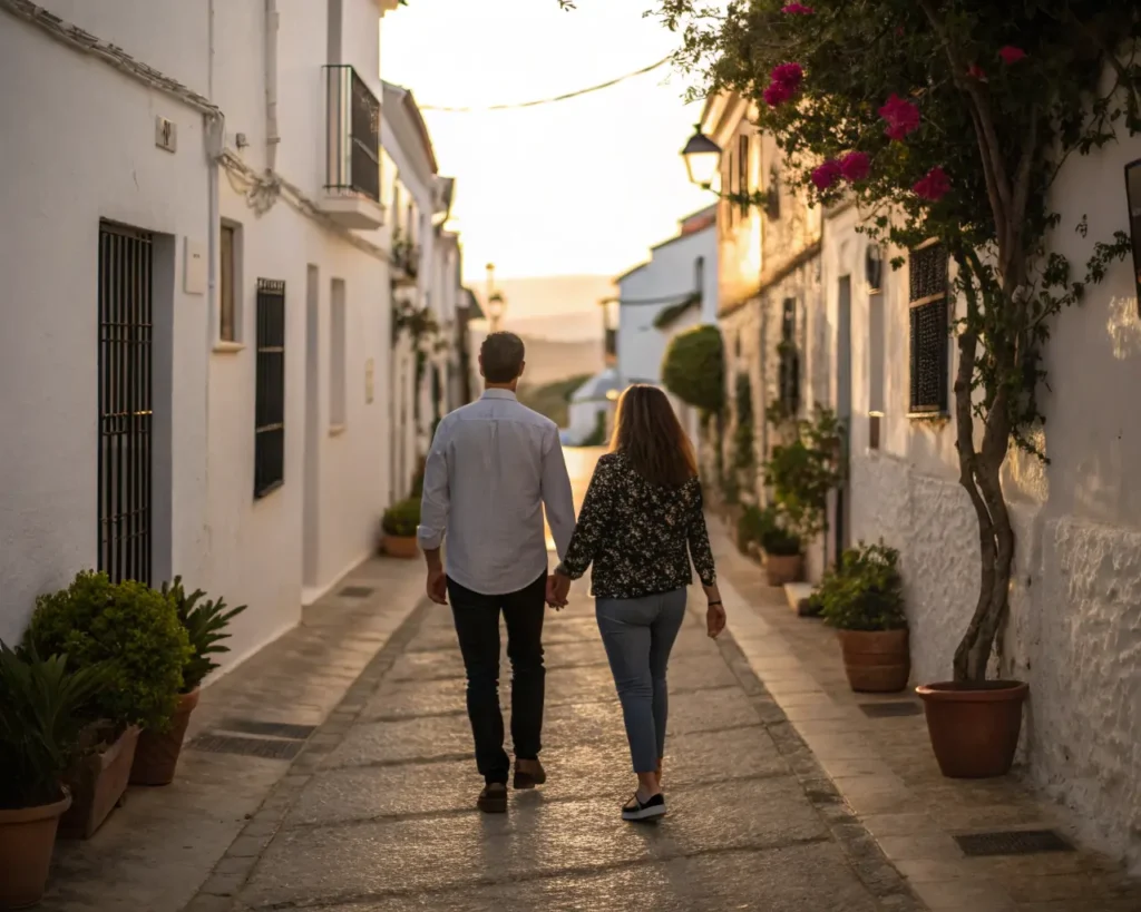 Los Pueblos Blancos Más Bonitos de Andalucía para una Escapada Romántica Couple walking away through a white Andalusian village at golden hour, in quiet reflection,pueblos blancos de andalucia