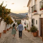 Couple walking through a quiet whitewashed village in Andalucía at sunset,pueblos blancos de andalucia
