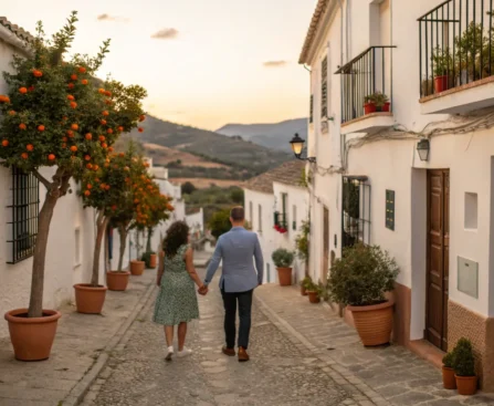 Couple walking through a quiet whitewashed village in Andalucía at sunset,pueblos blancos de andalucia