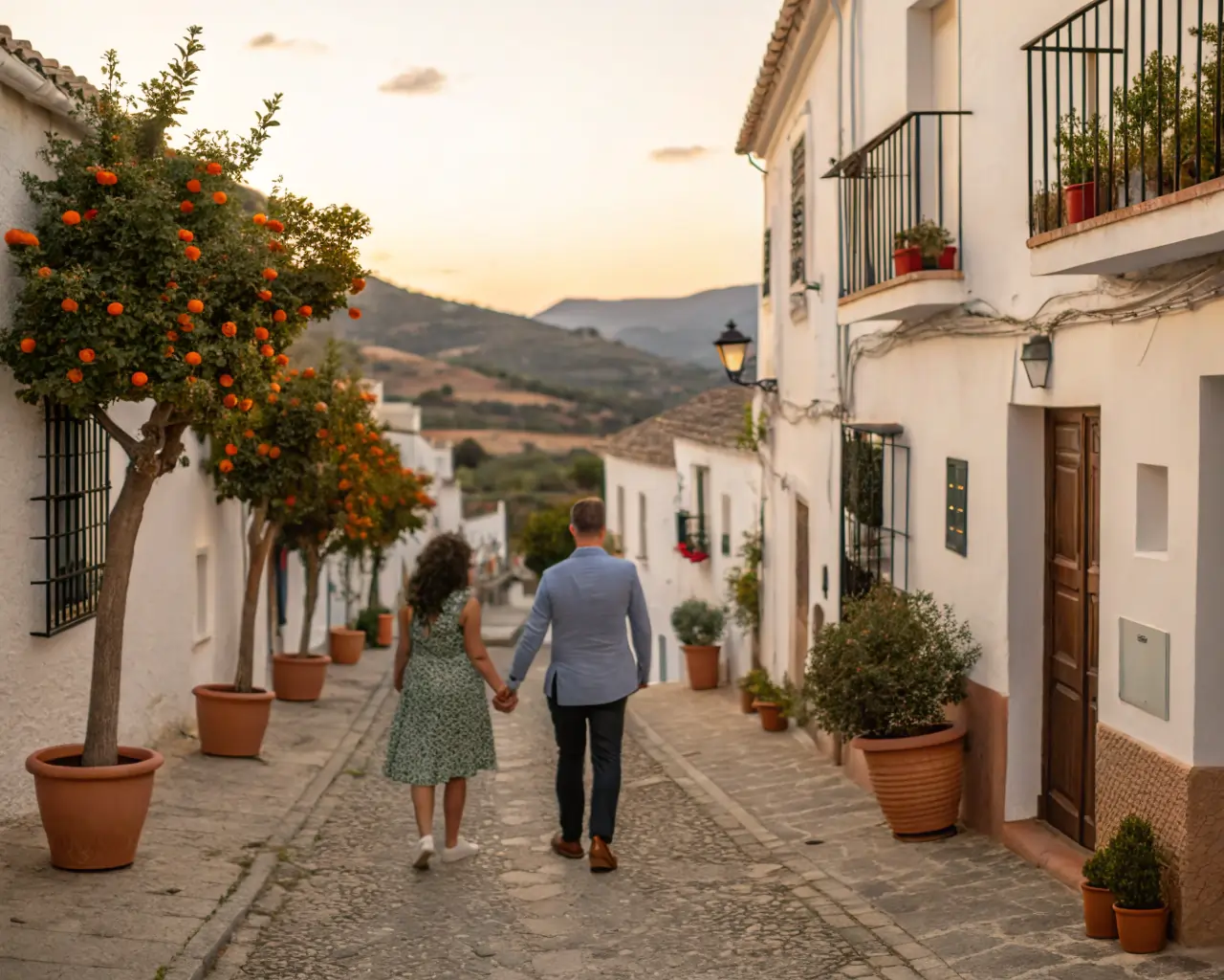Couple walking through a quiet whitewashed village in Andalucía at sunset,pueblos blancos de andalucia