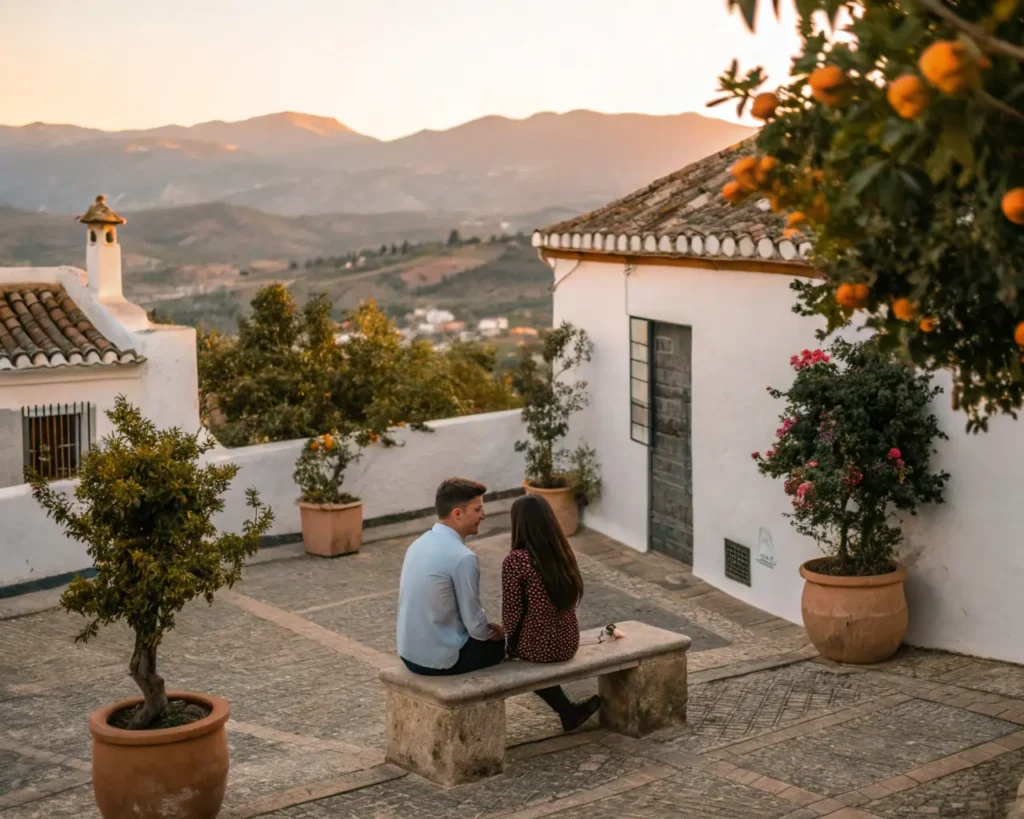Fin de semana romántico en Andalucía: guía completa para parejas Couple sitting closely in a quiet Andalusian plaza at sunset, surrounded by jasmine and warm light