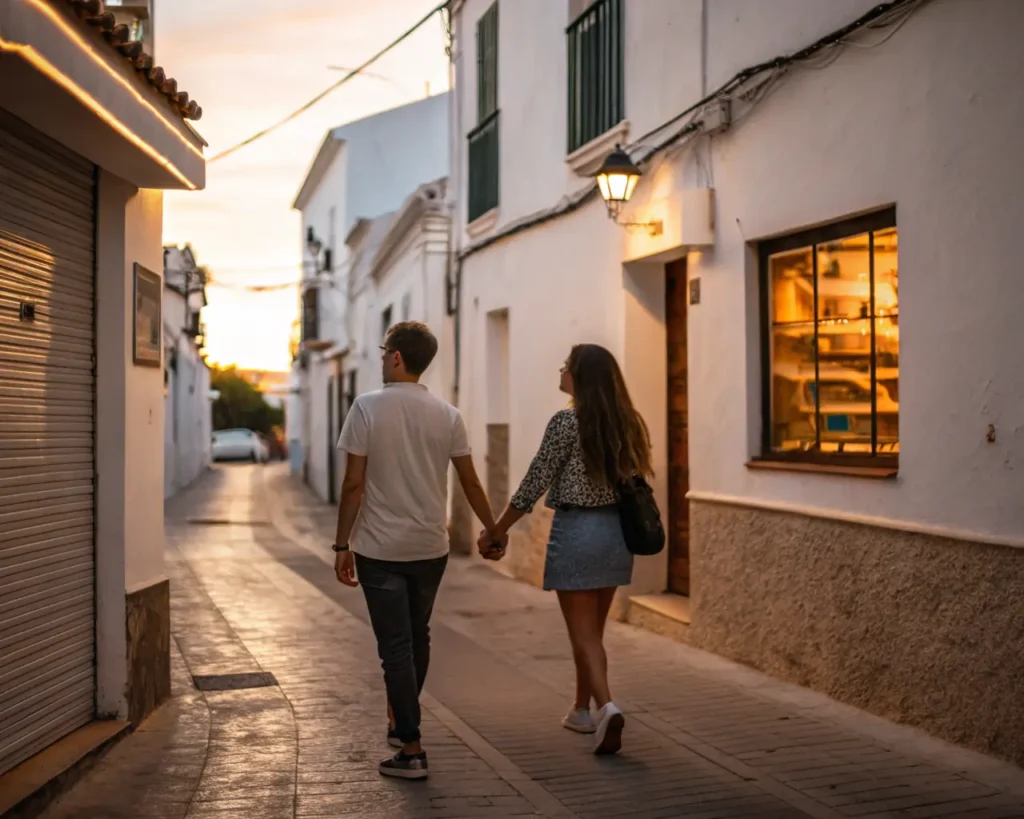 Fin de semana romántico en Andalucía: guía completa para parejas Couple walking hand-in-hand at sunset through a quiet Andalusian street, sharing a reflective moment